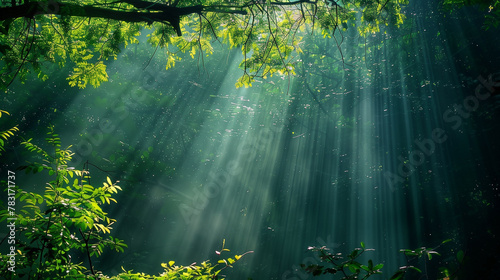 A bright sunny day in a lush green forest with sunlight shining through the trees. The scene is peaceful and serene, with the sunlight creating a warm and inviting atmosphere