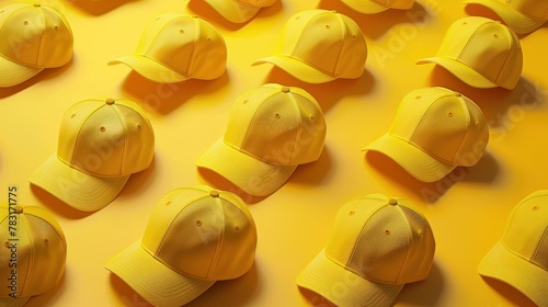 Group of vibrant yellow baseball caps on a matching yellow background 3D ing stock photo