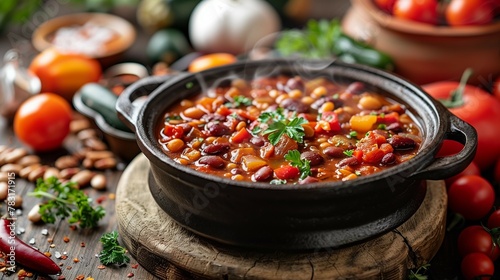 Hearty Autumn Bean Stew in Cast-Iron Pot, generative ai