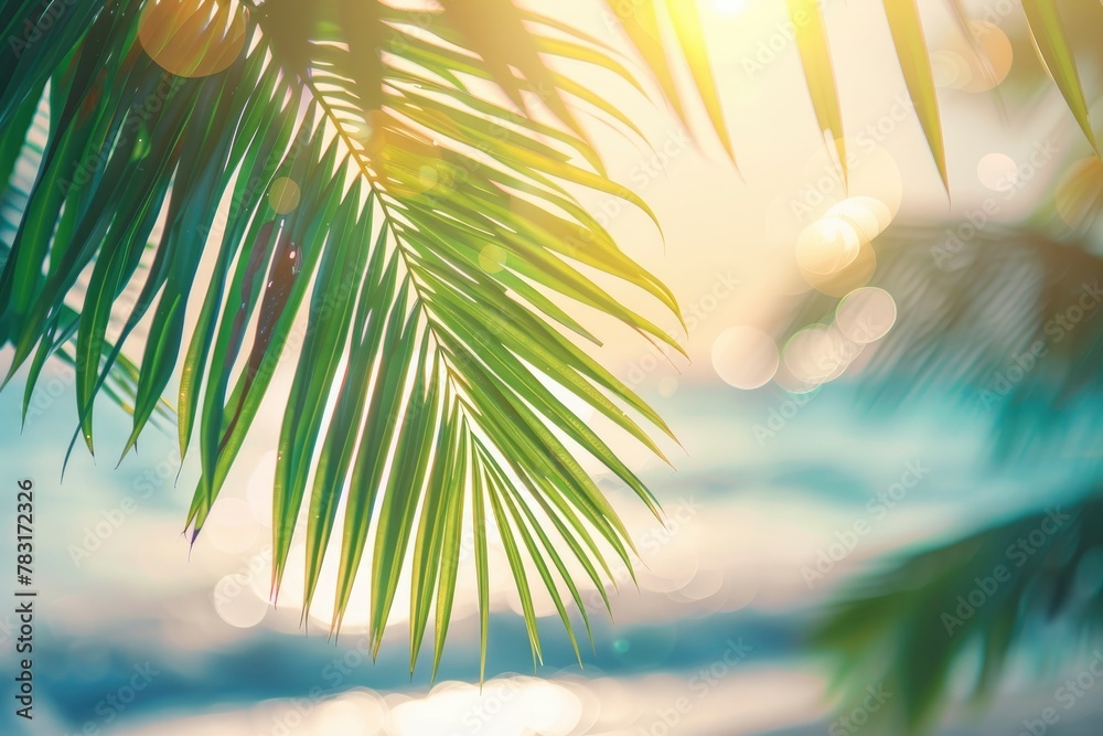 Blur beautiful nature green palm leaf on tropical beach with bokeh sun light wave abstract background. Copy space of summer vacation and business travel concept - generative ai - obrazy, fototapety, plakaty 