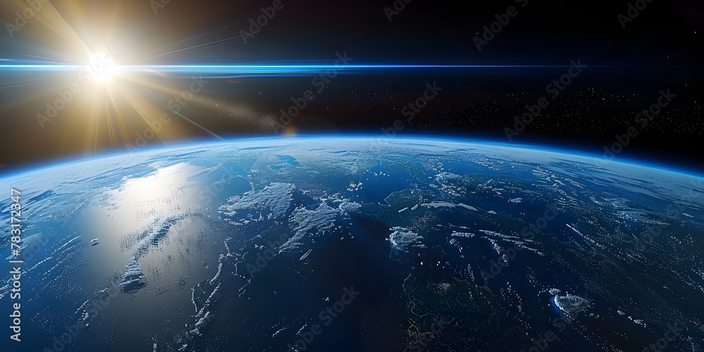 Fototapeta premium wide shot of the earth from space, blue horizon, black sky, bright sun in upper left corner, cinematic