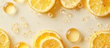 background top view of yellow liquid with bubbles and lemon, Ai generate