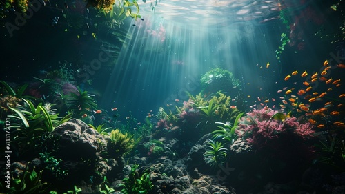 A mystical underwater world teeming with vibrant coral reefs, exotic fish, and swaying sea plants, illuminated by shafts of sunlight filtering down from the surface above.