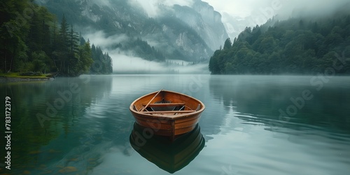 Landscape Photography of Misty Lake, Wooden Boat Floating on Calm Mountain Lake.