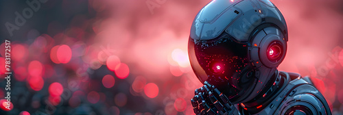 Futuristic robot with hands clasped in neon-lit landscape, Cyberpunk robot with anthropomorphic features in the night metropolis Yellow eyes and lights
