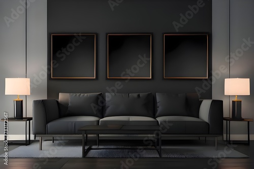 Living room with three accent canvas square painting picture. Frames for art on a black wall. Gallery in dark colors with a gray sofa. 