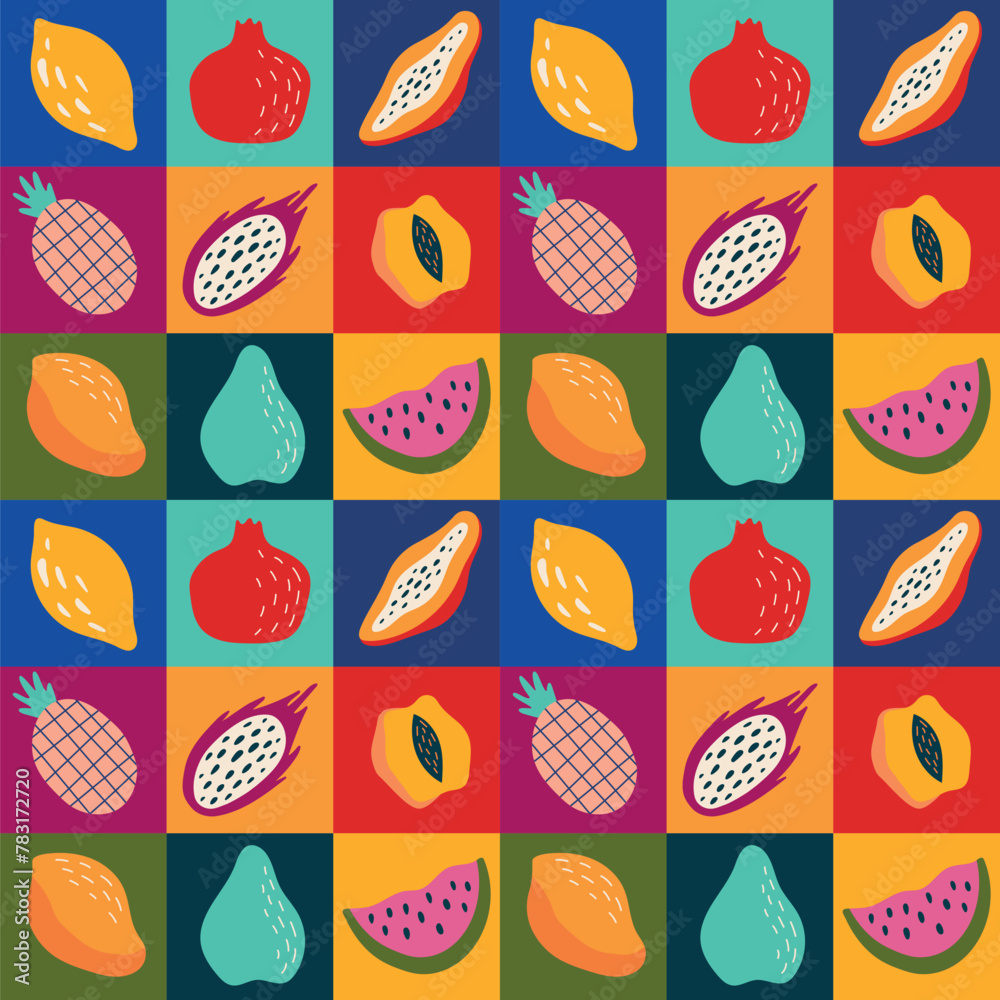 Geometric fruit seamless pattern. Exotic stylized fruits in bright squares. For cover, packaging, background, wrapping paper