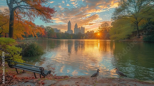 Golden Hour Harmony: Piedmont Park and Atlanta Skyline, generative ai photo