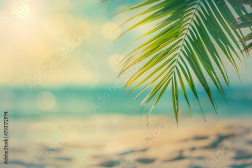 Blur beautiful nature green palm leaf on tropical beach with bokeh sun light wave abstract background. Copy space of summer vacation and business travel concept - generative ai