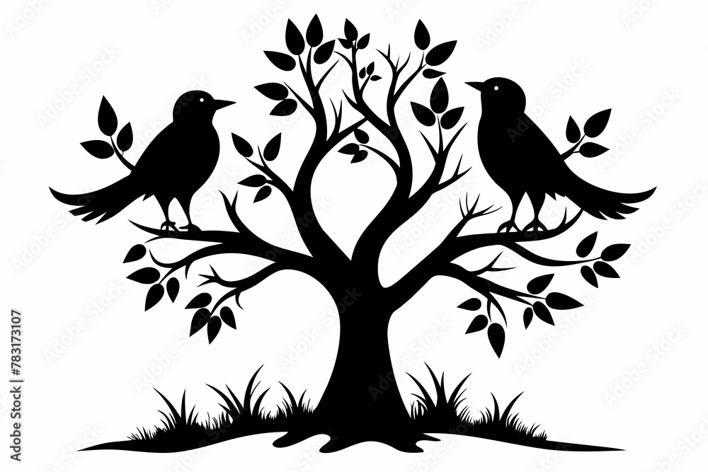 Two bird on a tree black silhouette vector white background