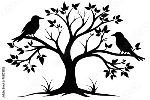 Two bird on a tree black silhouette vector white background