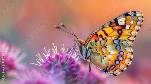 Elegant Beauty: Brightly Colored Butterfly on a Wildflower in Natural Light, generative ai © Matus
