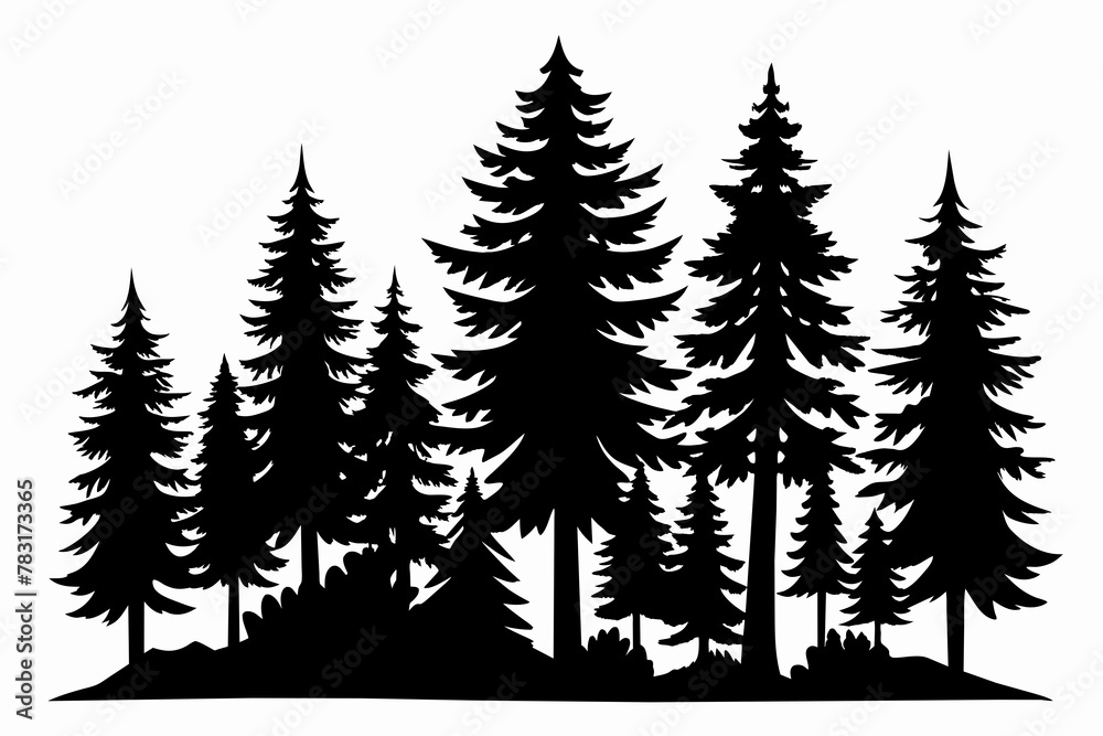 pine leaf trees silhouette black  on white background