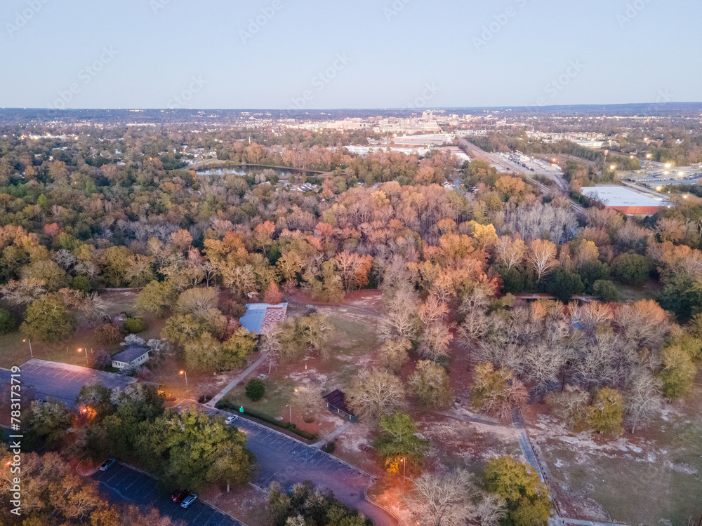 Aerial landscape of forest and pond at sunset in Augusta Georgia