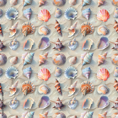 Marine seamless pattern with colorful seashells on a sandy background.