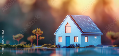 Futuristic generic smart home with solar panels rooftop system for renewable energy concepts as wide banner with copyspace area