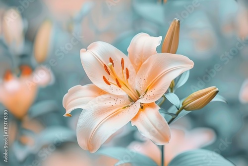 Beautiful blooming lily flower minimalist fantasy background  A bouquet of lilies in a vase in daylight  fresh light pink yellow white color lily flower poster nature background 