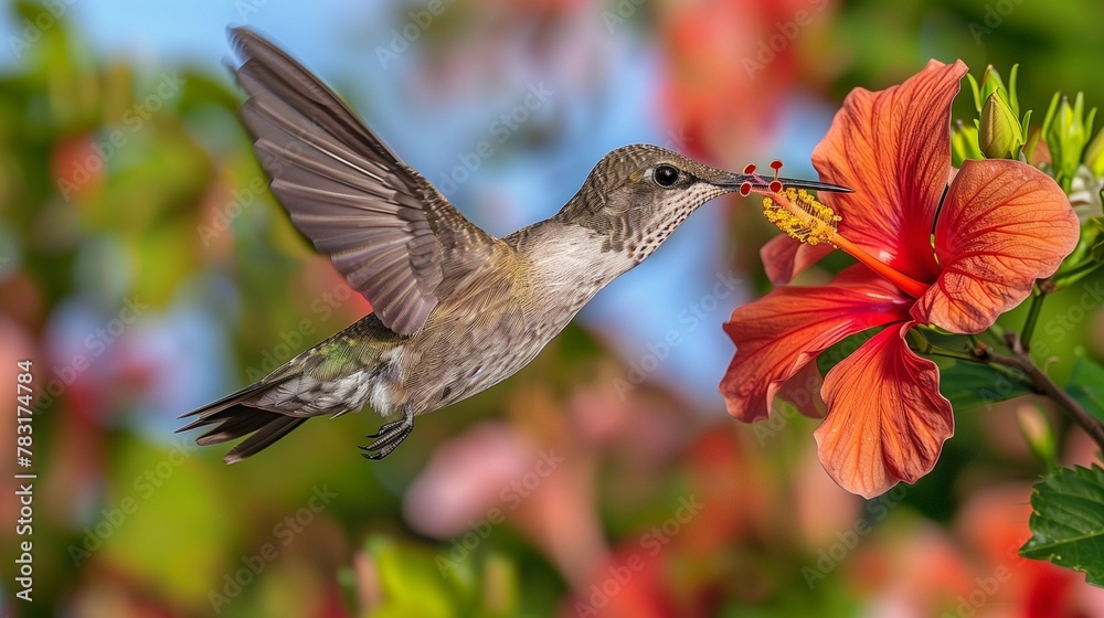 Naklejka premium Vibrant Hummingbird in Flight with Red Hibiscus, generative ai