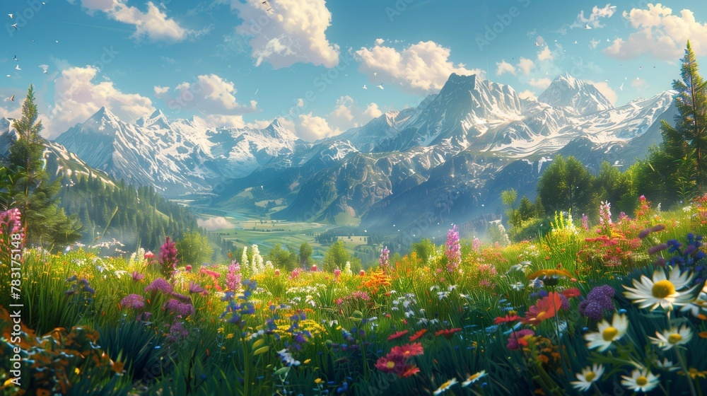 Sunrise Splendor: A Mountain Meadow Bursting with Wildflowers, generative ai