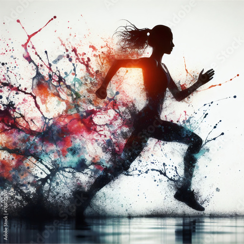 silhouette of woman running splash color background
