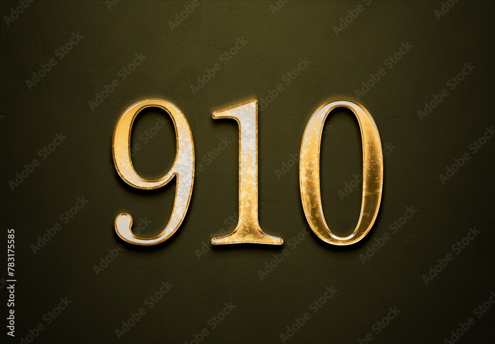 Old gold effect of 910 number with 3D glossy style Mockup. Old gold effect of 910 number with 3D glossy style Mockup.