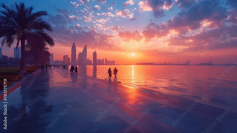Dynamic Cityscape: Abu Dhabi Corniche at Dusk, generative ai