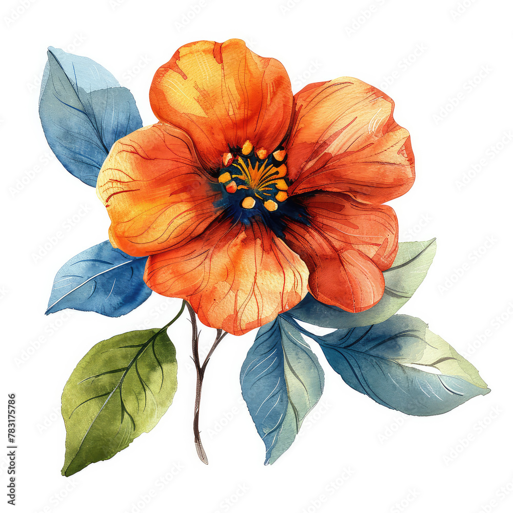 In this illustration, a vibrant orange hibiscus is brought to life using watercolor, showcasing its detailed petals and verdant leaves.