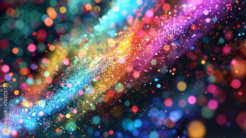 Vibrant 3D render of colorful particles exploding in all directions