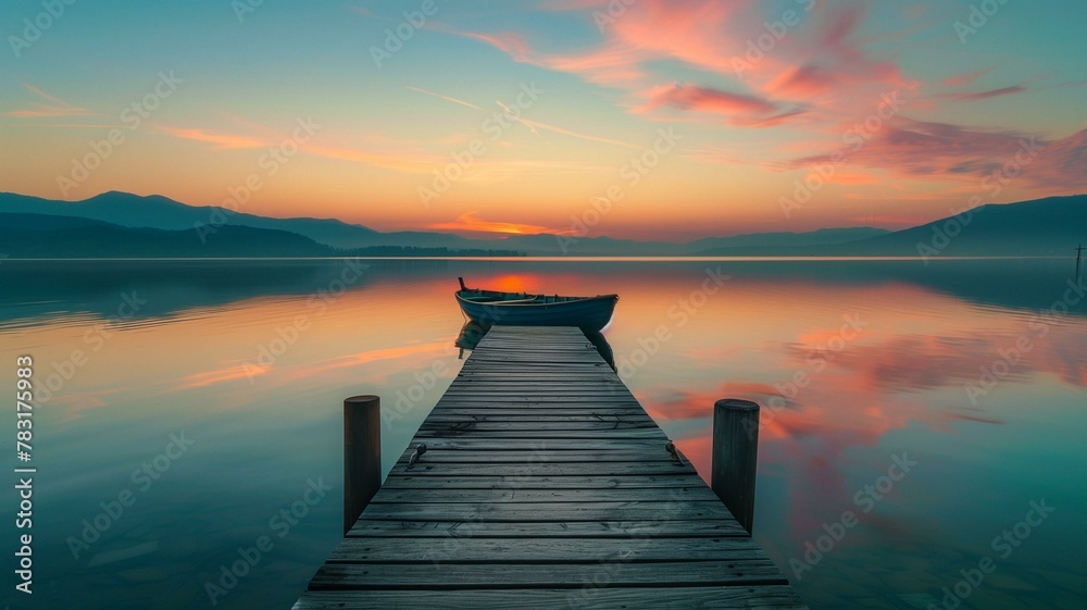A tranquil lakeside scene at twilight, with a wooden pier stretching out into the still waters, reflecting the vibrant hues of the sunset sky and a lone rowboat moored at the dock.3
 - obrazy, fototapety, plakaty 