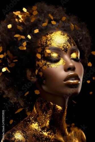 Close-up of a young female face in golden glitter paint. Decorative cosmetics for women. Gold make-up on beautiful African model, glamourous metallic dark skin. Beautiful woman makeup close up