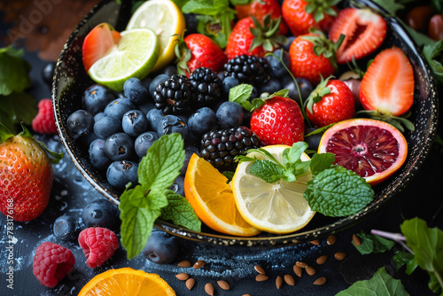 An opulent bowl of mixed berries and citrus fruits garnished with mint leaves.