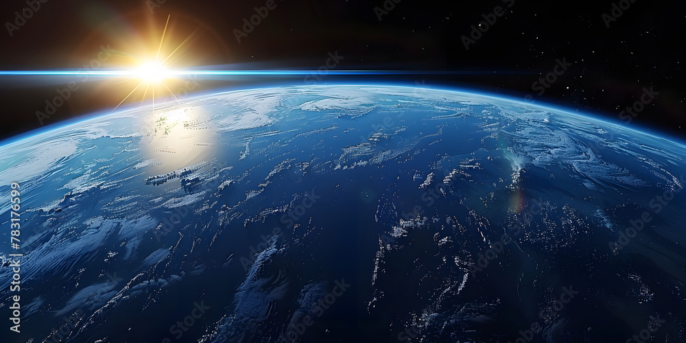 Fototapeta premium wide shot of the earth from space, blue horizon, black sky, bright sun in upper left corner, cinematic