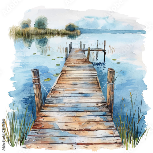 lake dock vector illustration in watercolour style