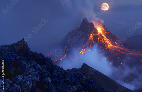 A mountain with a volcano on top and a large moon in the sky. The volcano is spewing lava and the moon is shining brightly. The scene is both beautiful and dangerous. Generative AI