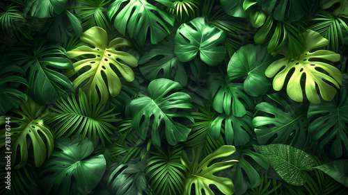 Fototapeta Naklejka Na Ścianę i Meble -  A lush green jungle with many leaves and vines