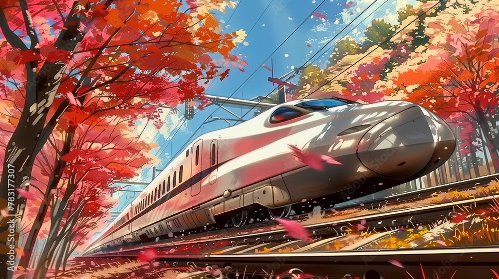 Naklejka premium Shinkansen bullet train races through a vibrant Kyoto spring, blossoming cherry trees frame the journey.