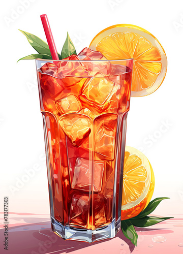 Tropical cocktail with ice cubes and orange slice modern illustration. Refreshing cool summer drink in the glass