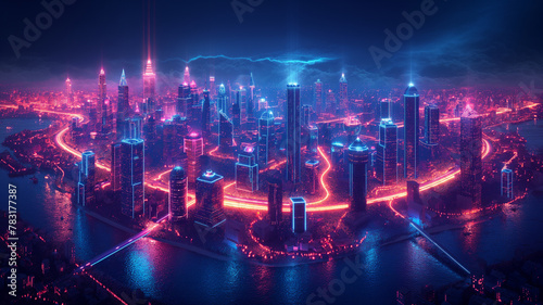 A cityscape with neon lights and a bridge over a river