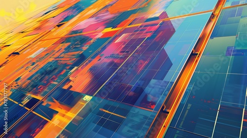 Abstract digital artwork depicting solar panels on rooftops, harnessing the power of the sun