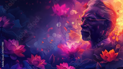 banner background National Ambedkar Jayanti Day theme, and wide copy space, A digital illustration of Dr. Ambedkar surrounded by lotus flowers, symbolizing purity and enlightenment, for banner,  photo