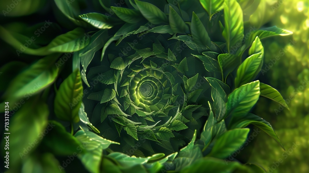 Fototapeta premium Abstract representation of a green mind with leaves swirling in a vortex, symbolizing dynamic thought processes