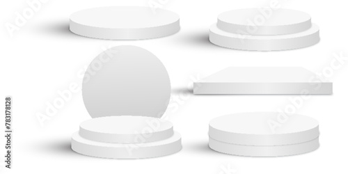 Set of realistic white blank product podium scene isolated on white background