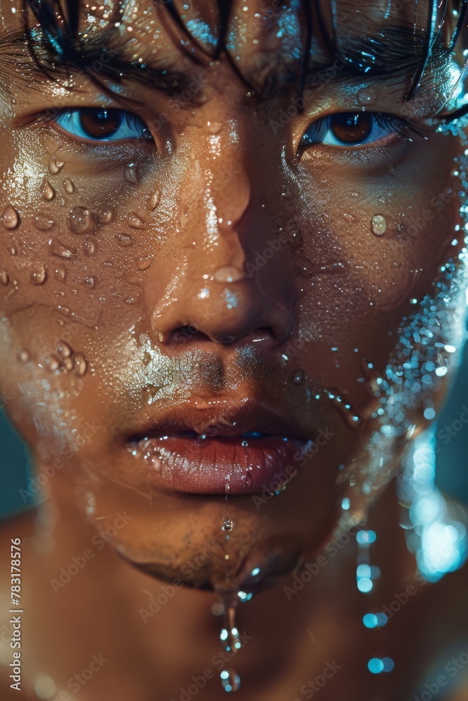 a close up of a man s face with water drops on it a close up of a man s face with water drops on it