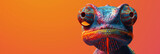 A colorful lizard with a bright orange background