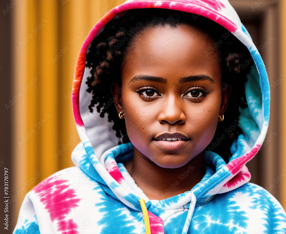 Smiling Young Woman in Colorful Hoodie - obrazy, fototapety, plakaty 