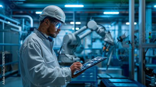 A man in a white lab coat is working on a robot with a tablet in his hand. The robot is designed to assist with tasks in a factory setting