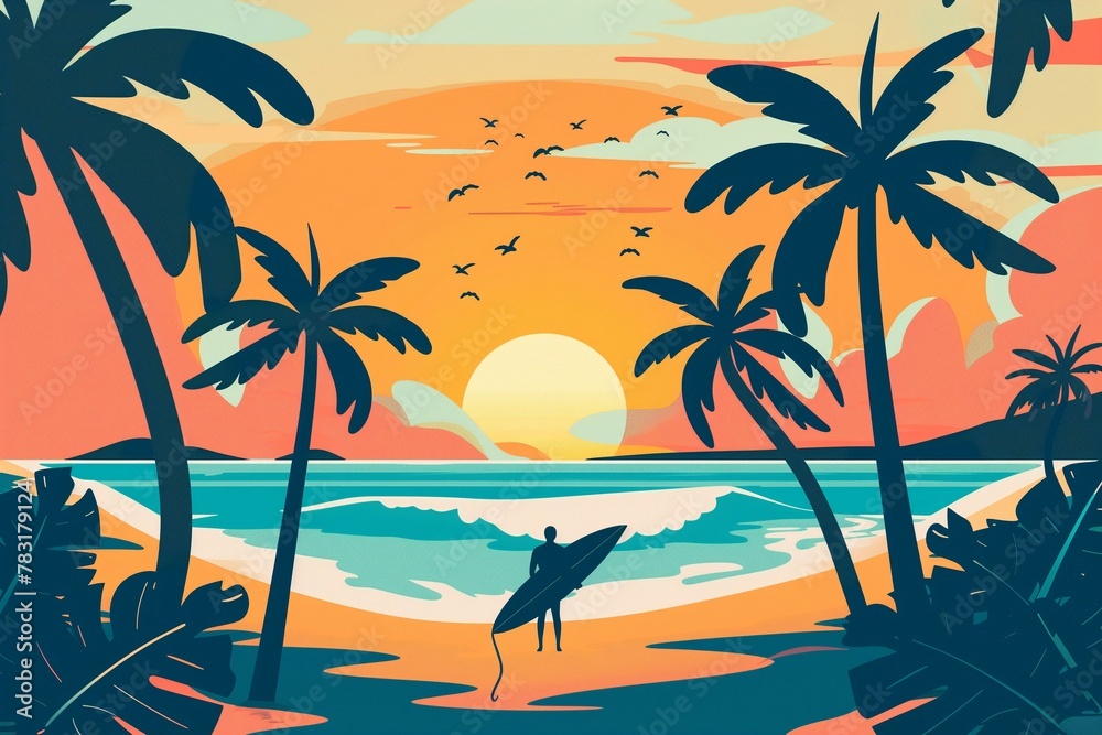 Tropical Beach Sunset with Surfer Silhouette and Palm Trees Vector Illustration