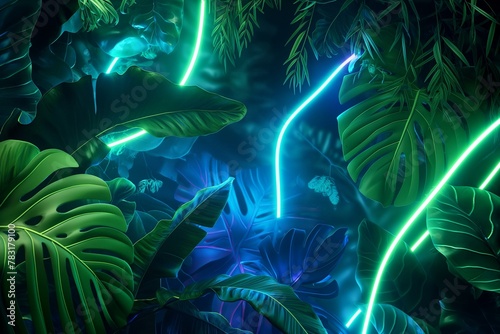 Vibrant Neon Lines Illuminating Tropical Jungle Leaves at Night
