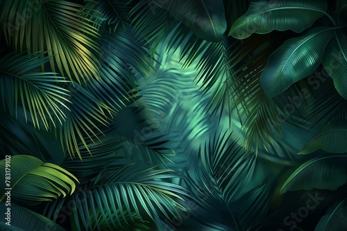 Lush Digital Artwork of Dense Tropical Foliage in Dark, Mysterious Tones