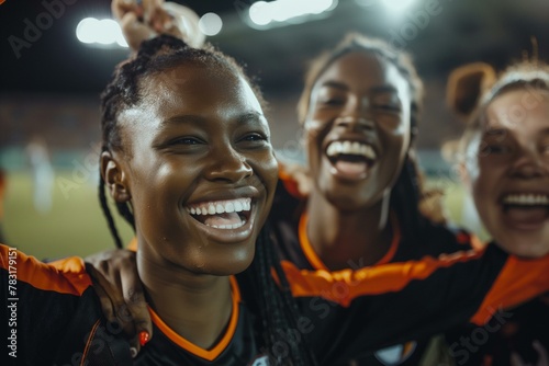 Joyful Black Female Soccer Team Celebrating Victory on Floodlit Field